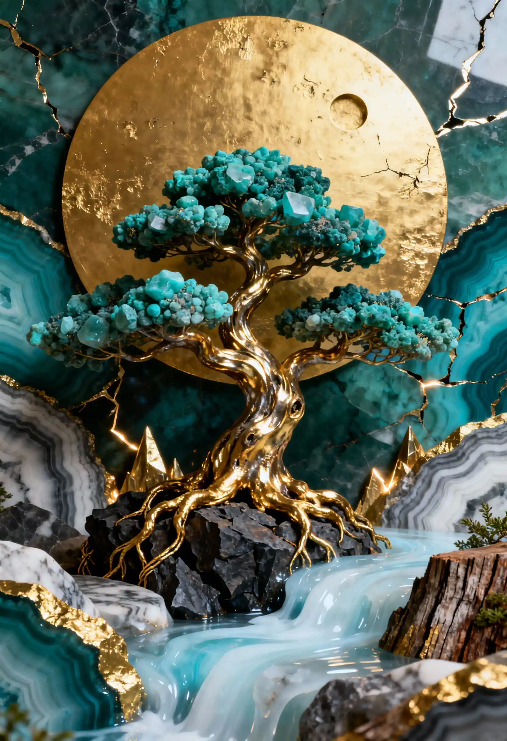 Golden Bonsai Tree With Teal Gemstone Landscape