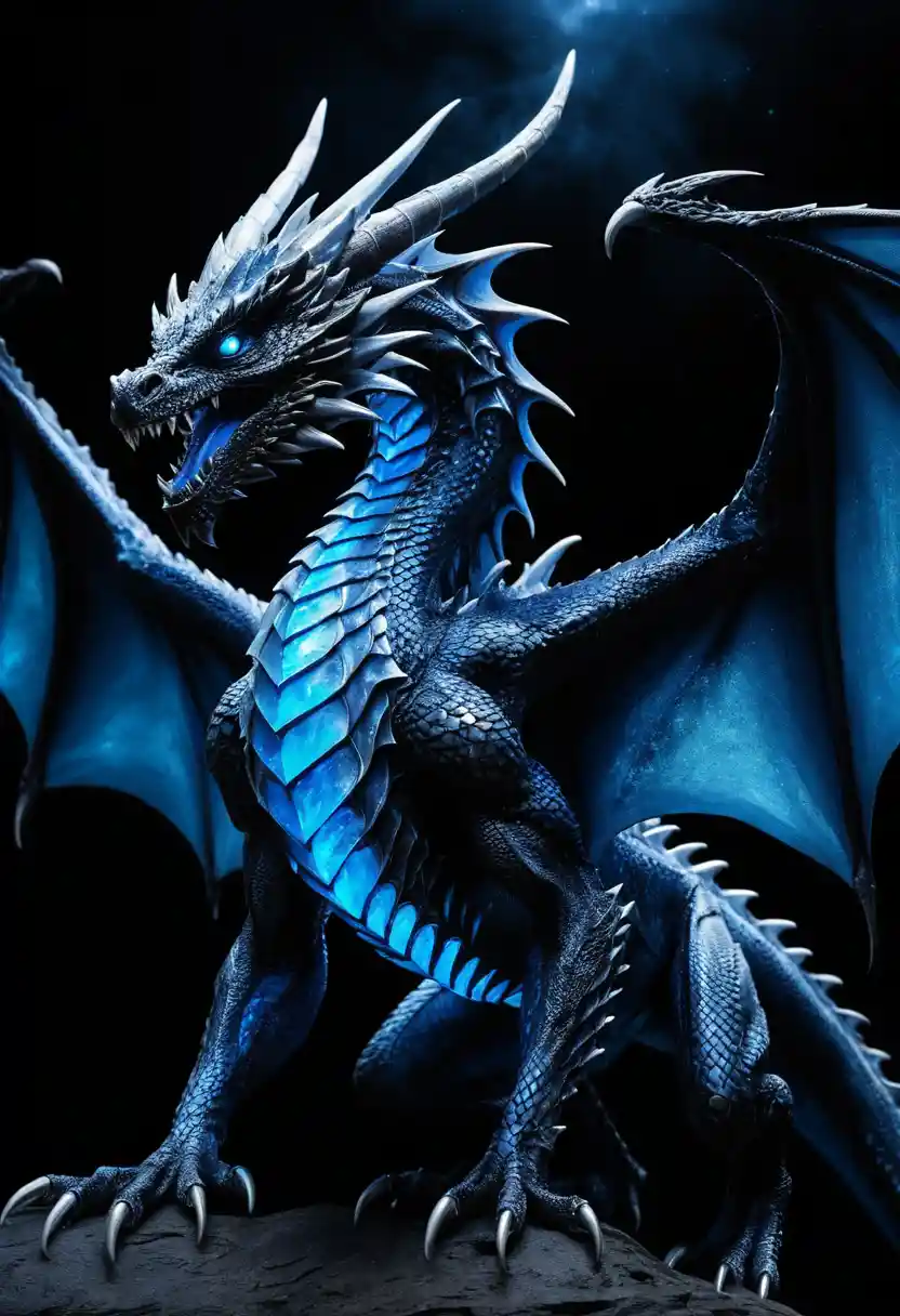 Dragon métallique aux ailes bleues lumineuses dans un espace enfumé