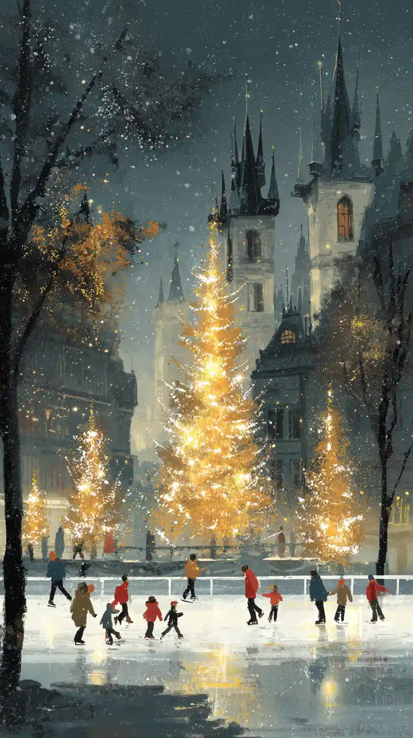 Pista di pattinaggio natalizia con albero cittadino illuminato