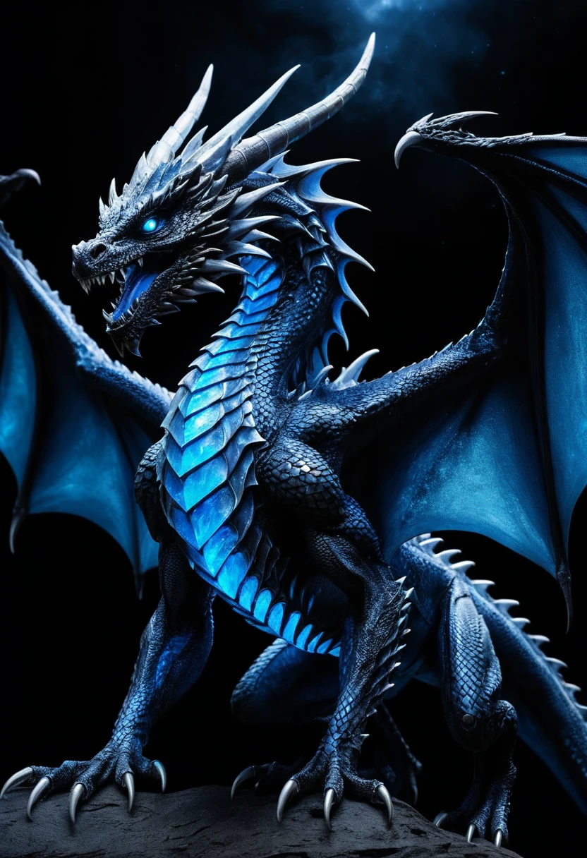 Dragon métallique aux ailes bleues lumineuses dans un espace enfumé
