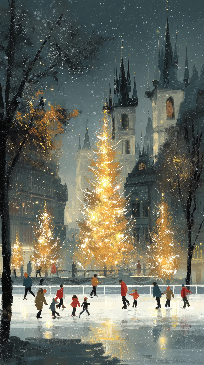 Pista di pattinaggio natalizia con albero cittadino illuminato