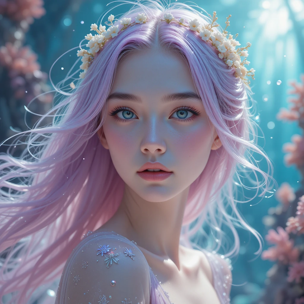 Fantasy girl with pastel hair in ethereal underwater light