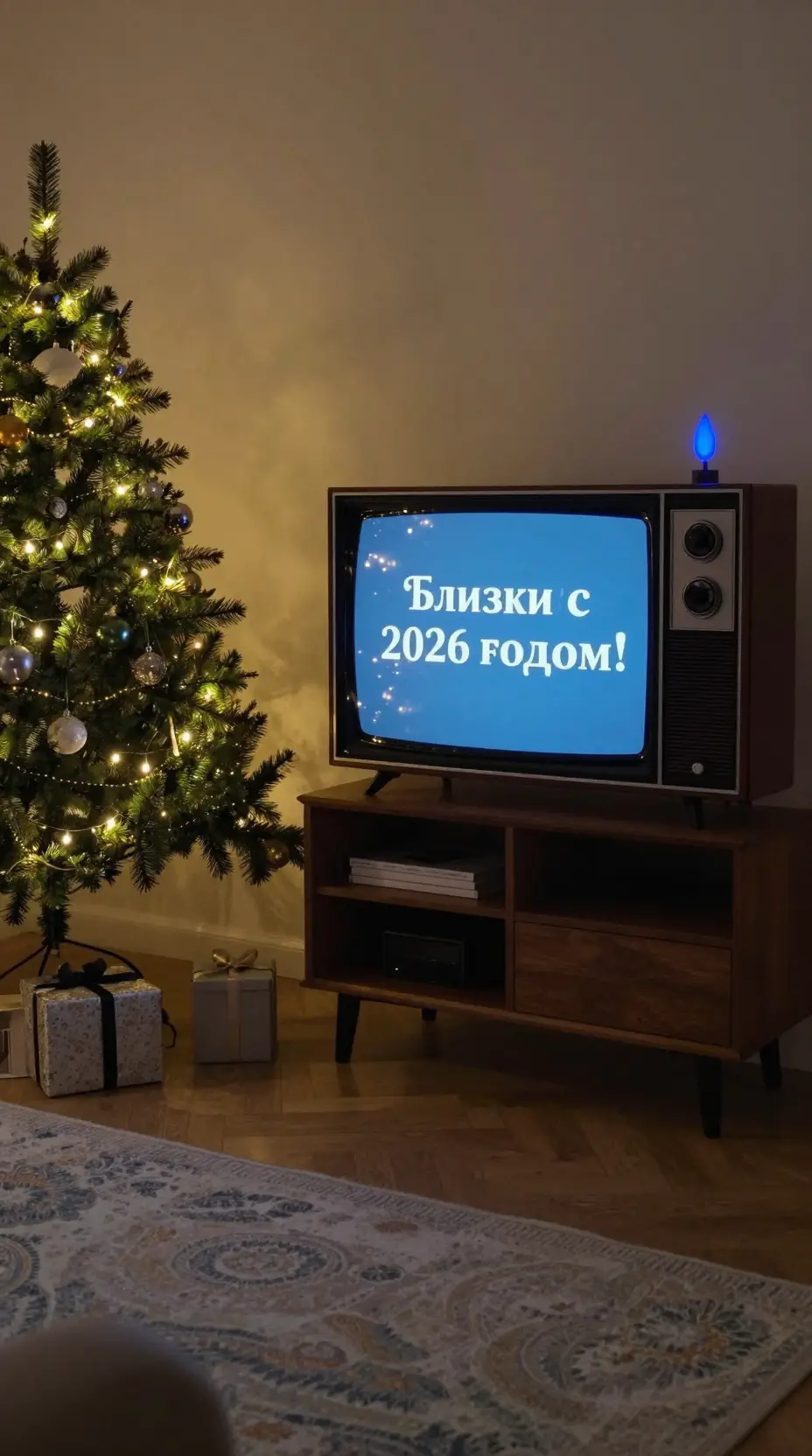 Cozy soviet living room with christmas tree and tv glow