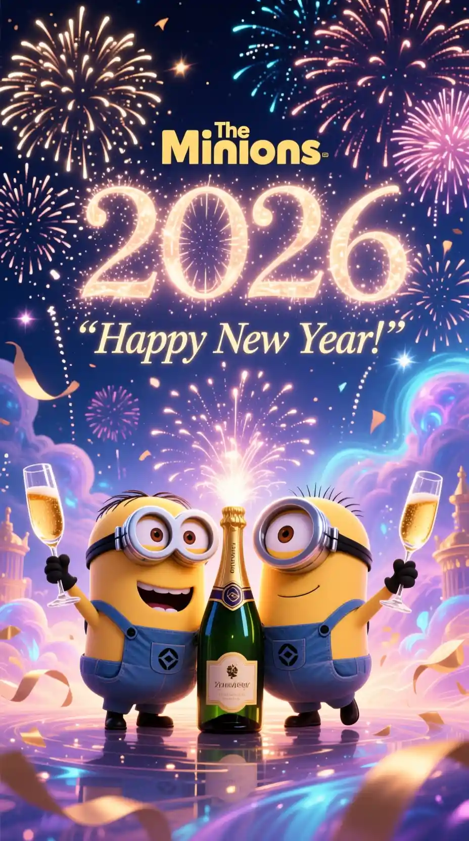 Minions dei cartoni che festeggiano il Capodanno 2026 con i fuochi d’artificio