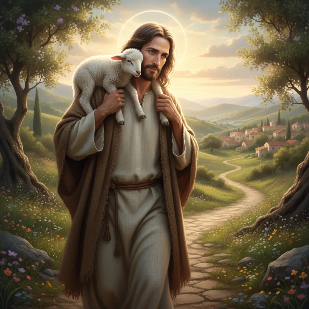 Jesus gently carrying a rescued lamb in soft light