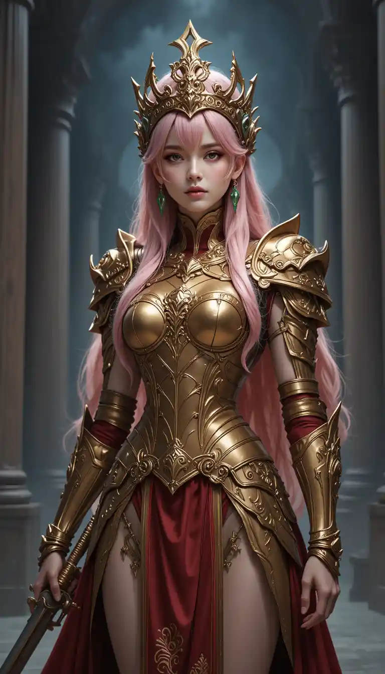Pink haired warrior queen in golden armor among dark columns