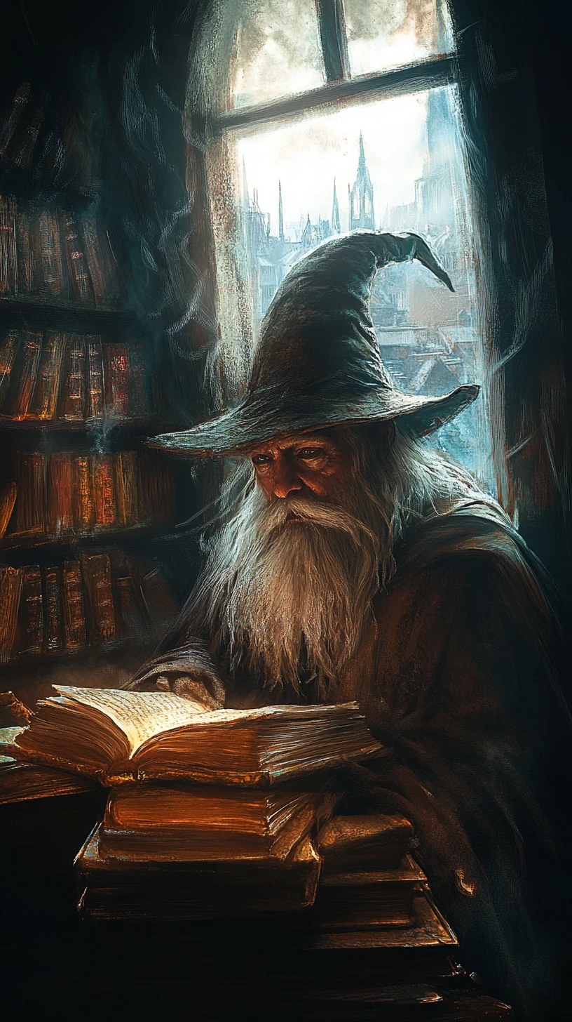 Old wizard studying potions in a medieval chamber