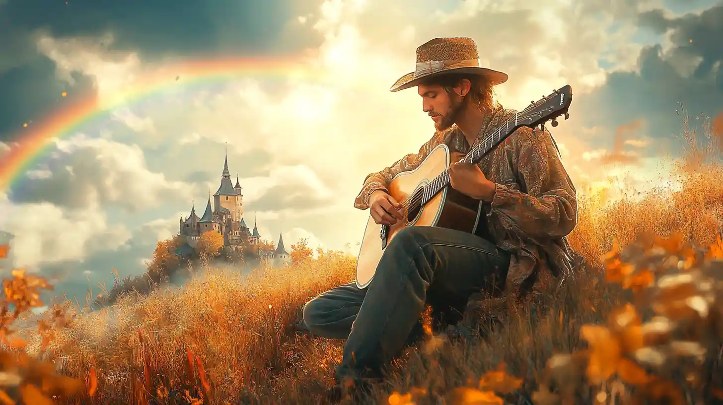 Wanderer Playing Guitar Before A Grand Medieval Castle