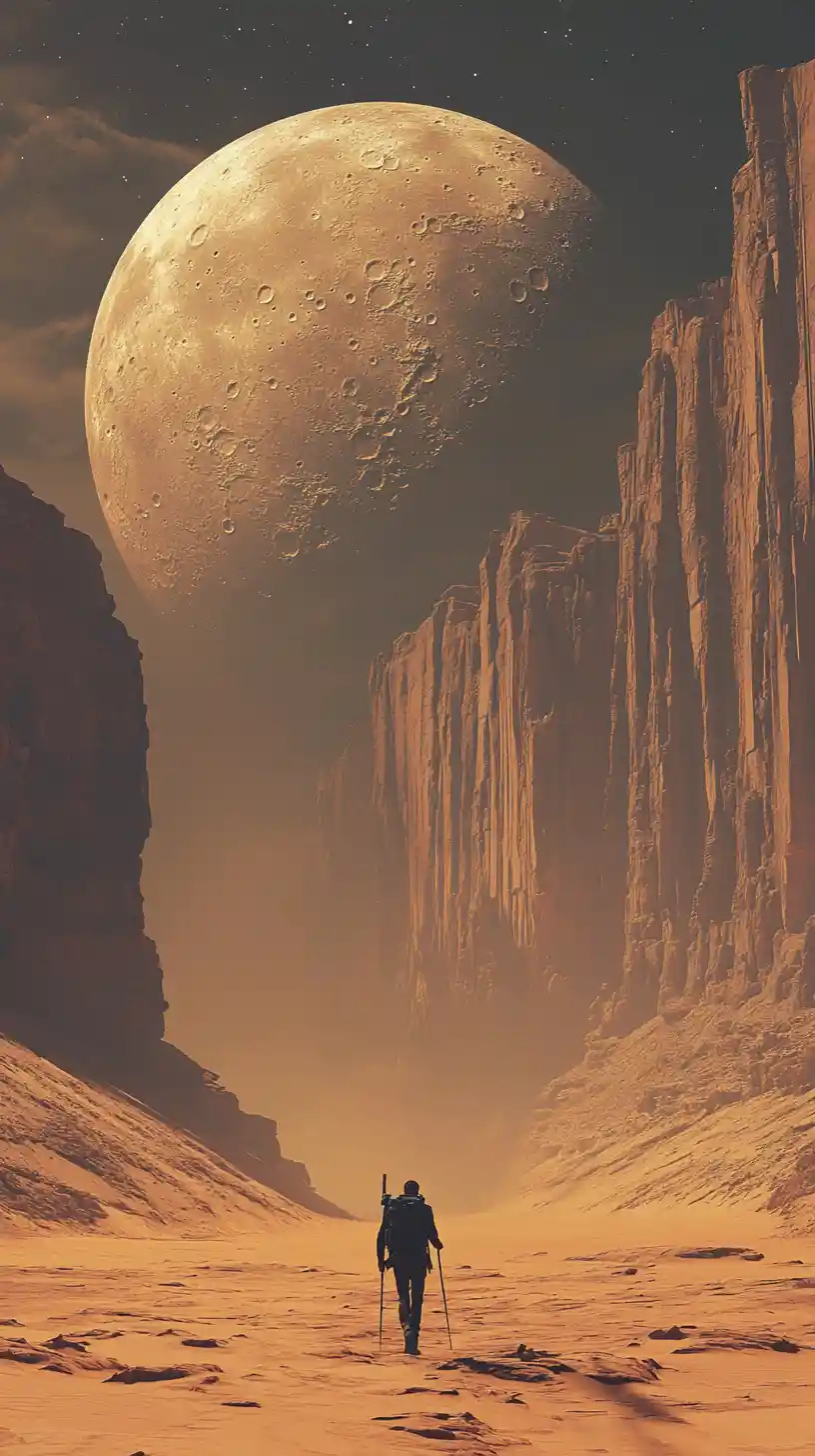 Lone traveler crossing an alien desert toward towering canyon walls