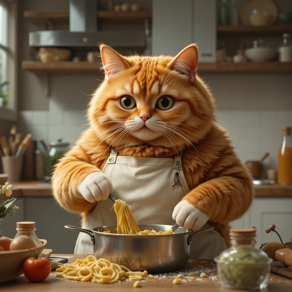 Orange cat cooking pasta in a modern kitchen
