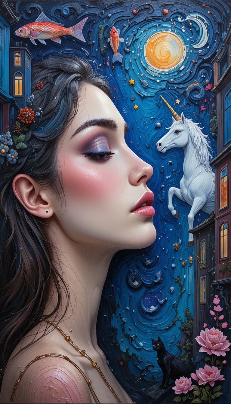 Pintura al óleo empastado de una mujer soñando en una ciudad nocturna surrealista