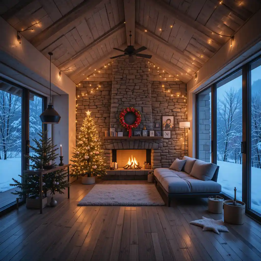 Loft minimaliste avec guirlandes lumineuses de Noël chaleureuses