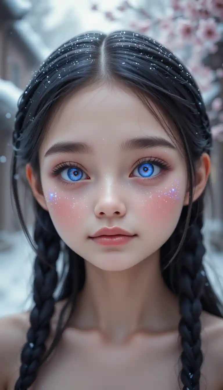 Gros plan d’une fille mignonne aux yeux de glace lumineux