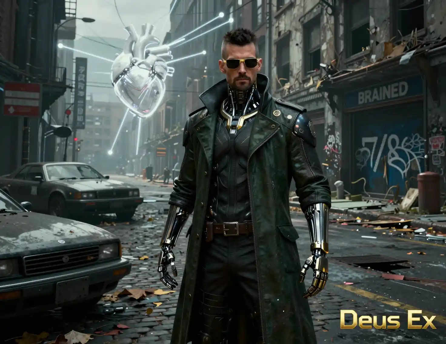 Erweiterter Detektiv auf einer dystopischen Kopfsteinpflaster-Cyberpunk-Straße