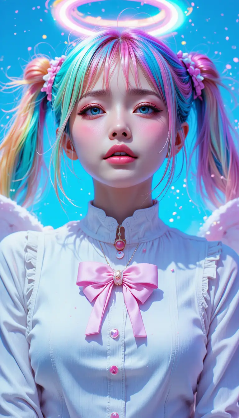 Sad anime girl with rainbow twintails floating in space