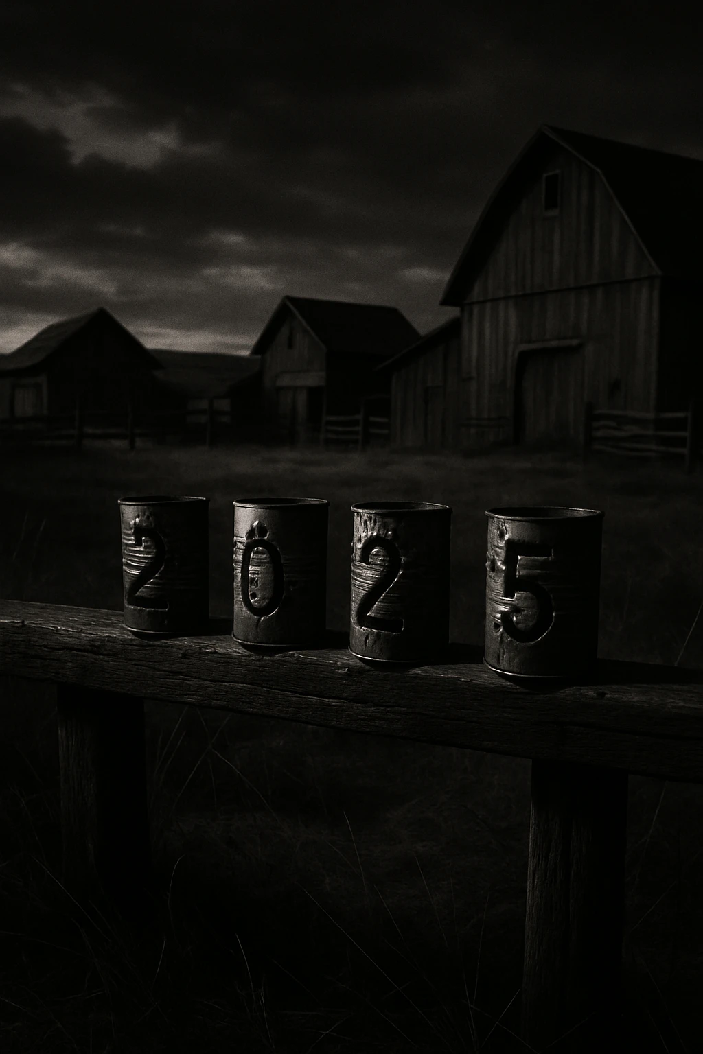Rusty tin cans on a wooden beam at an old farm
