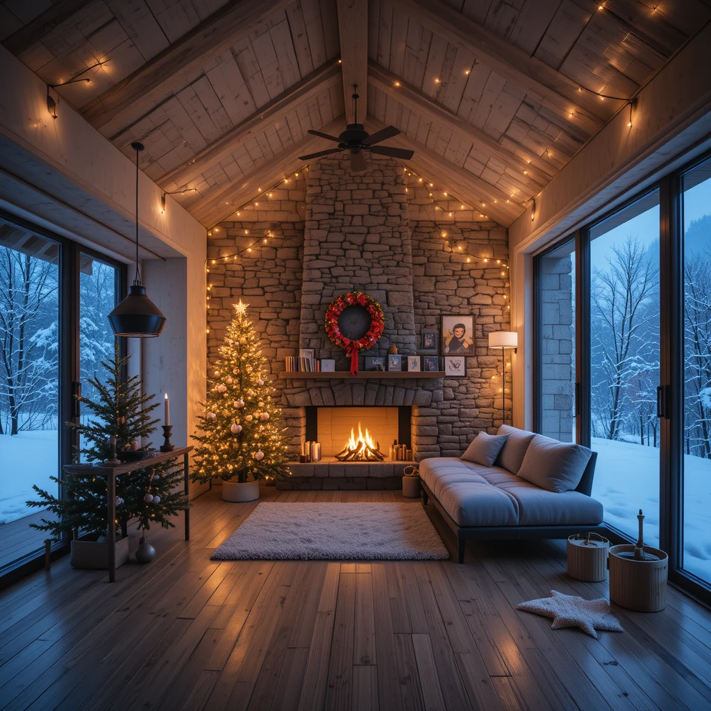 Minimalistische Loftwohnung mit warmen Weihnachts-Lichterketten