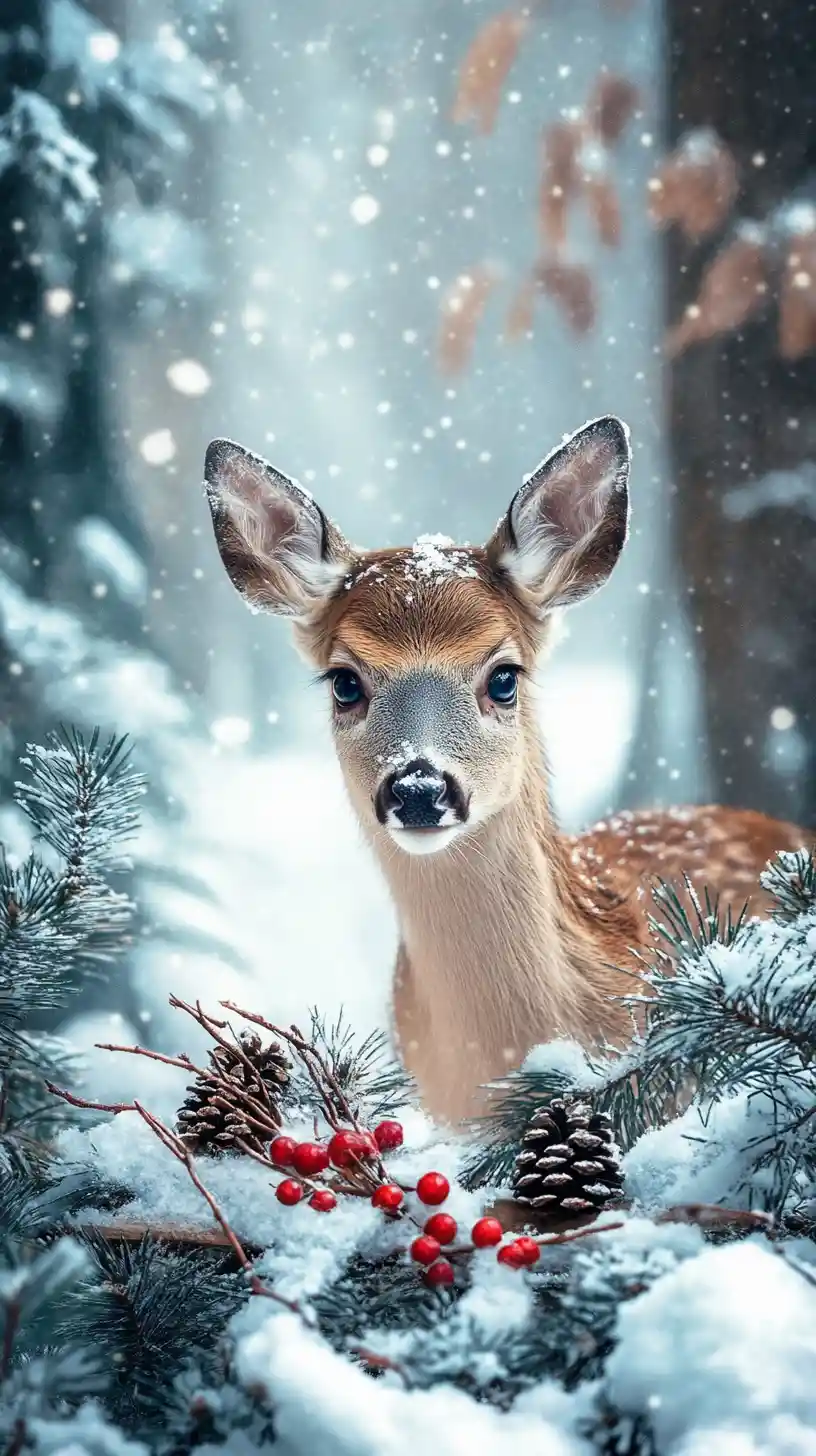 Jeune cerf près d’un râtelier festif dans une forêt enneigée