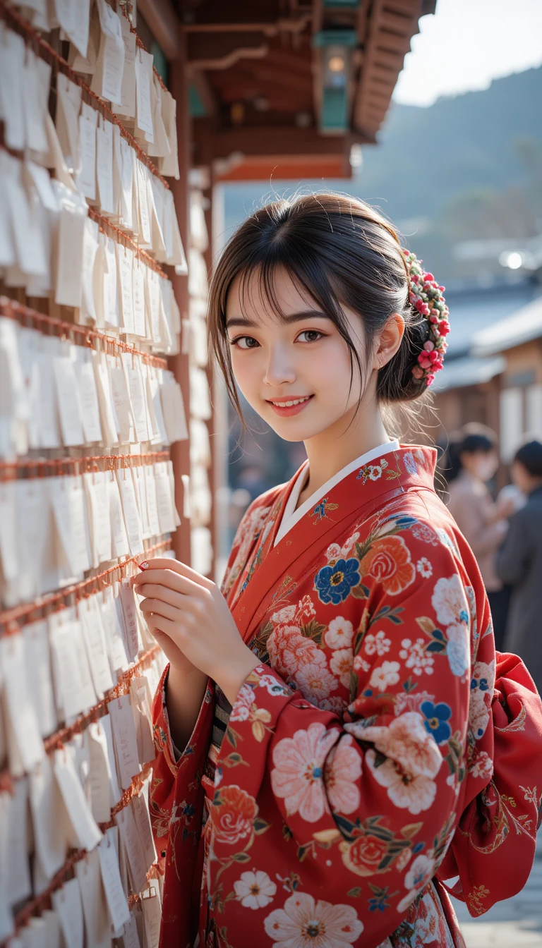 Japanese schoolgirl tying a fortune slip at shrine