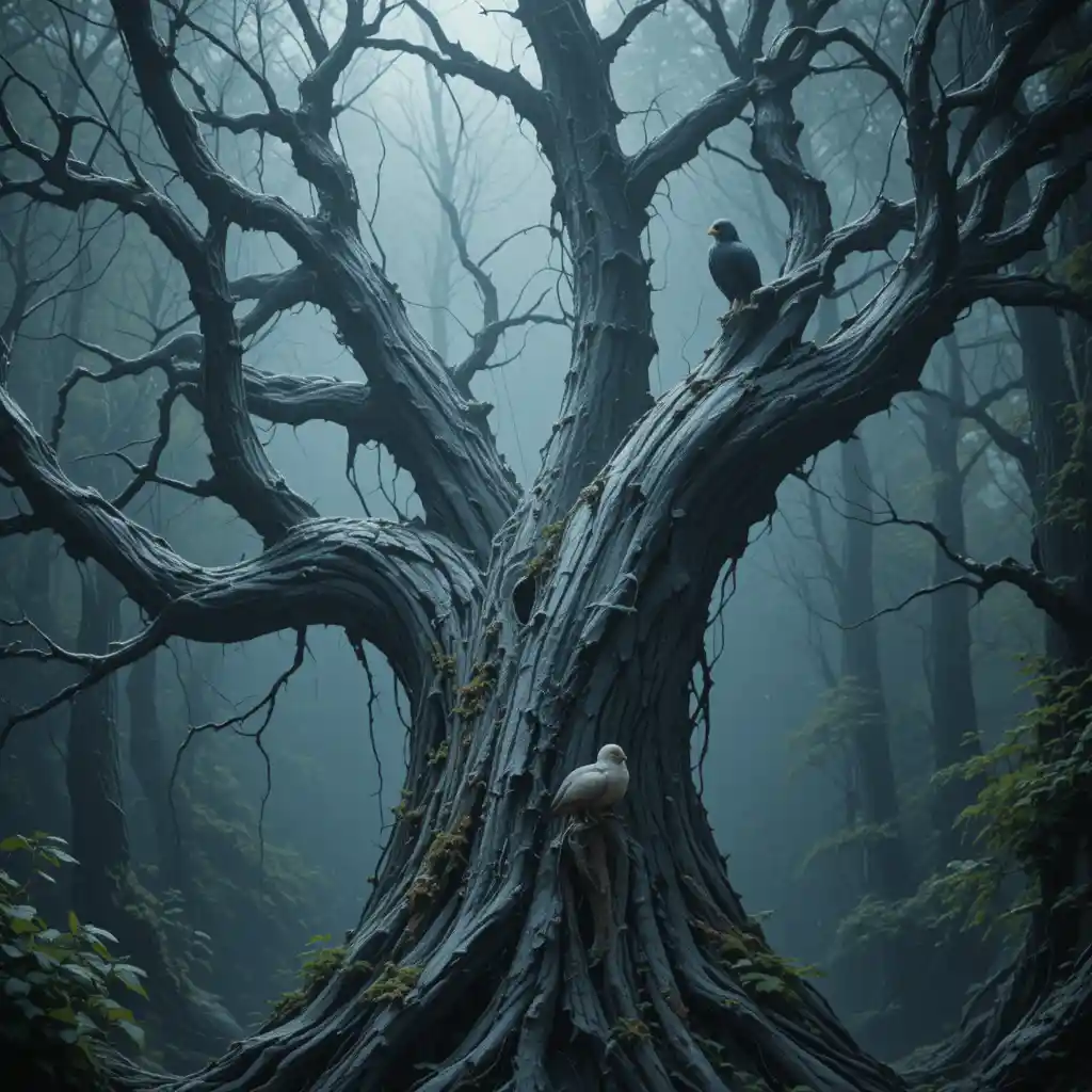 Majestic raptor guarding chicks atop an ancient forest tree