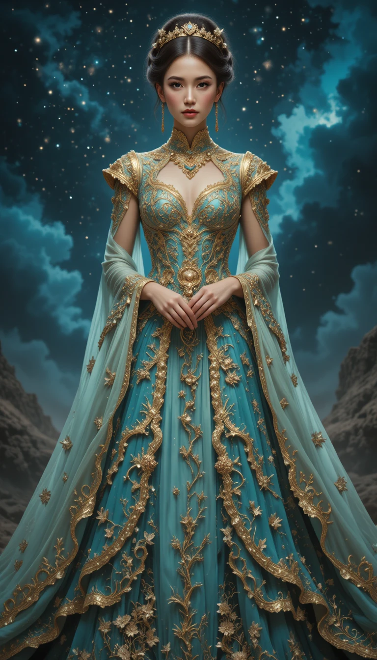 Femme élégante en robe turquoise sous un ciel étoilé et mystique