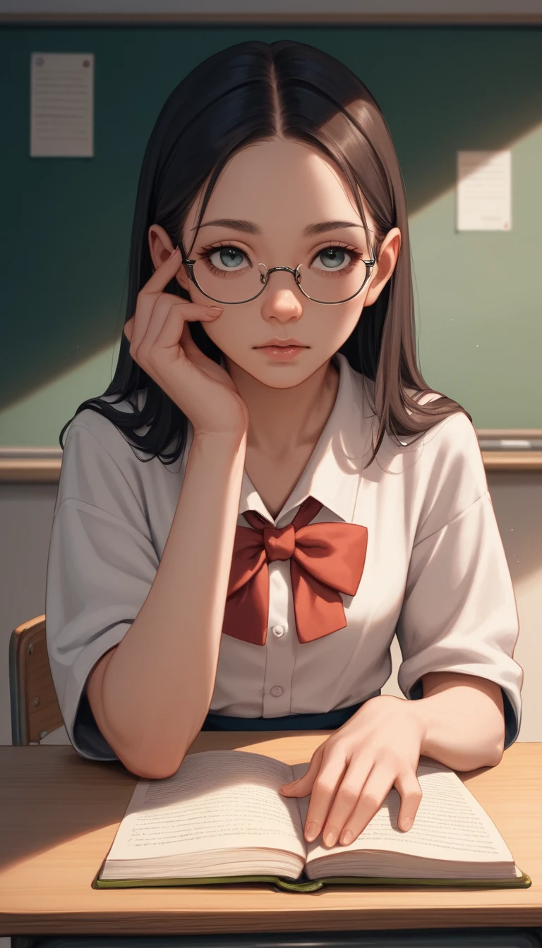 昏暗教室裡閱讀的日本女學生