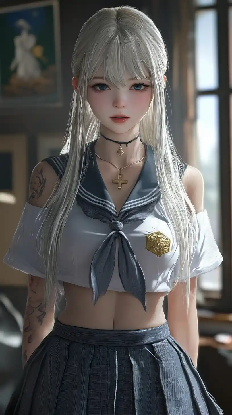 Smiling tattooed schoolgirl in a warm anime classroom