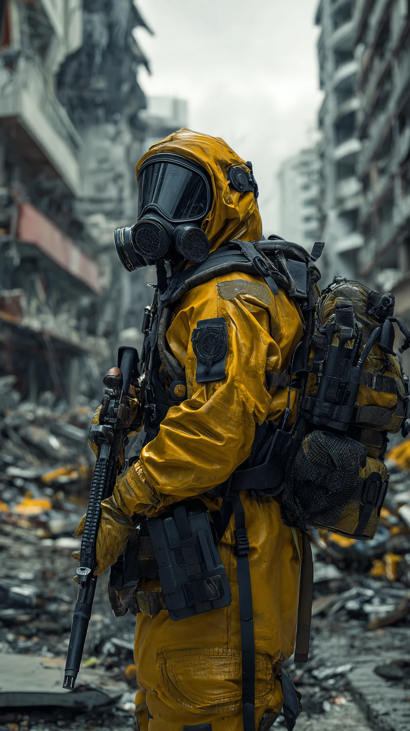 Soldato futuristico in tuta hazmat in una strada cittadina in rovina