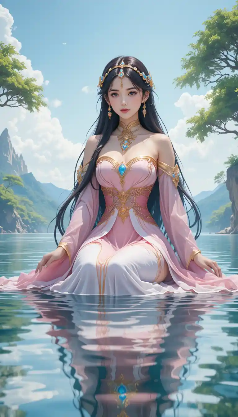 Elegant woman in pink and white sitting in tranquil water