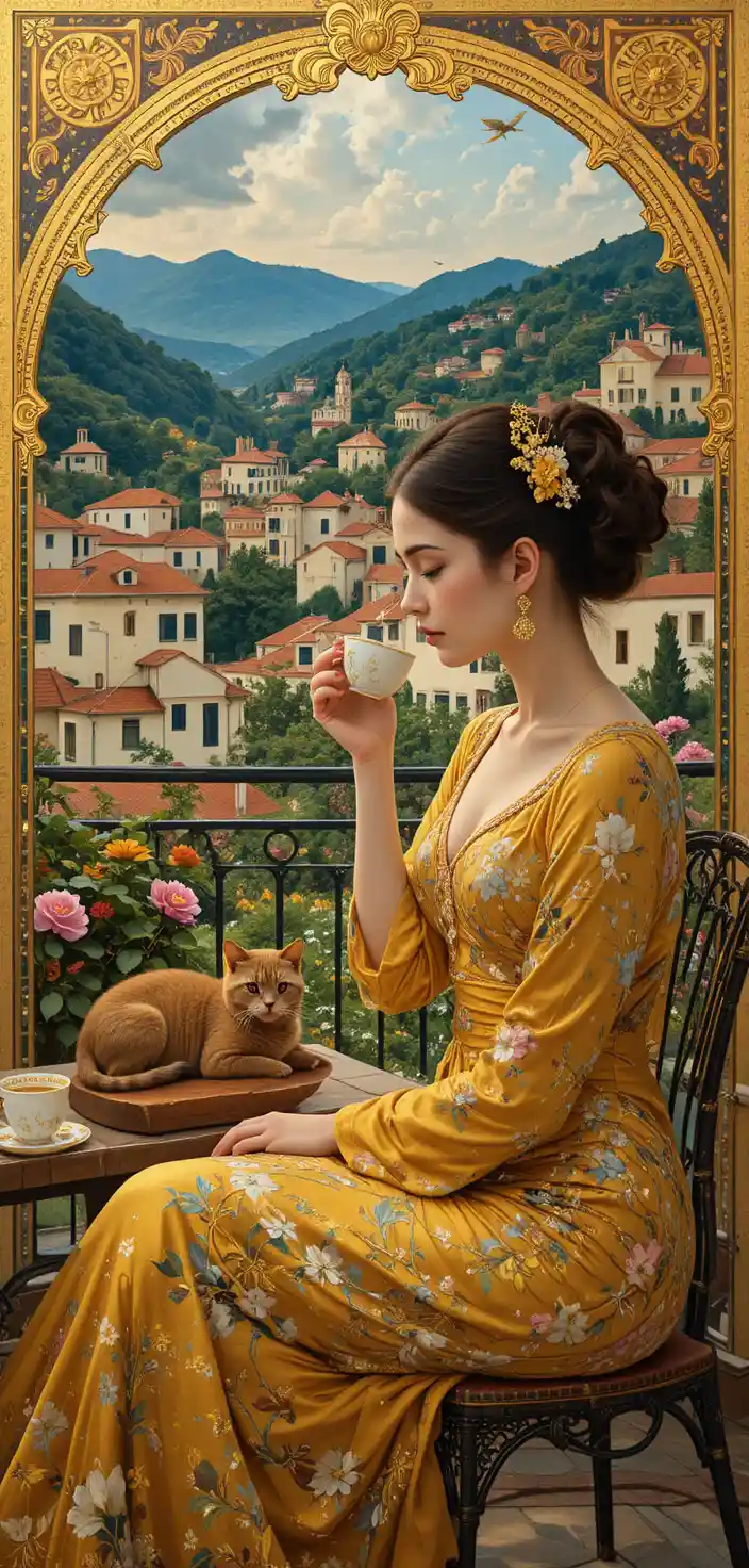 Elegant woman with coffee on a sunlit terrace