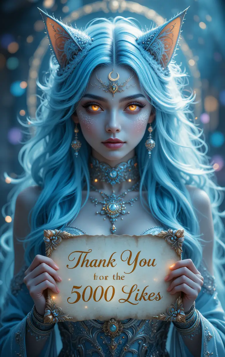 Mystical feline woman with glowing eyes and icy blue hair