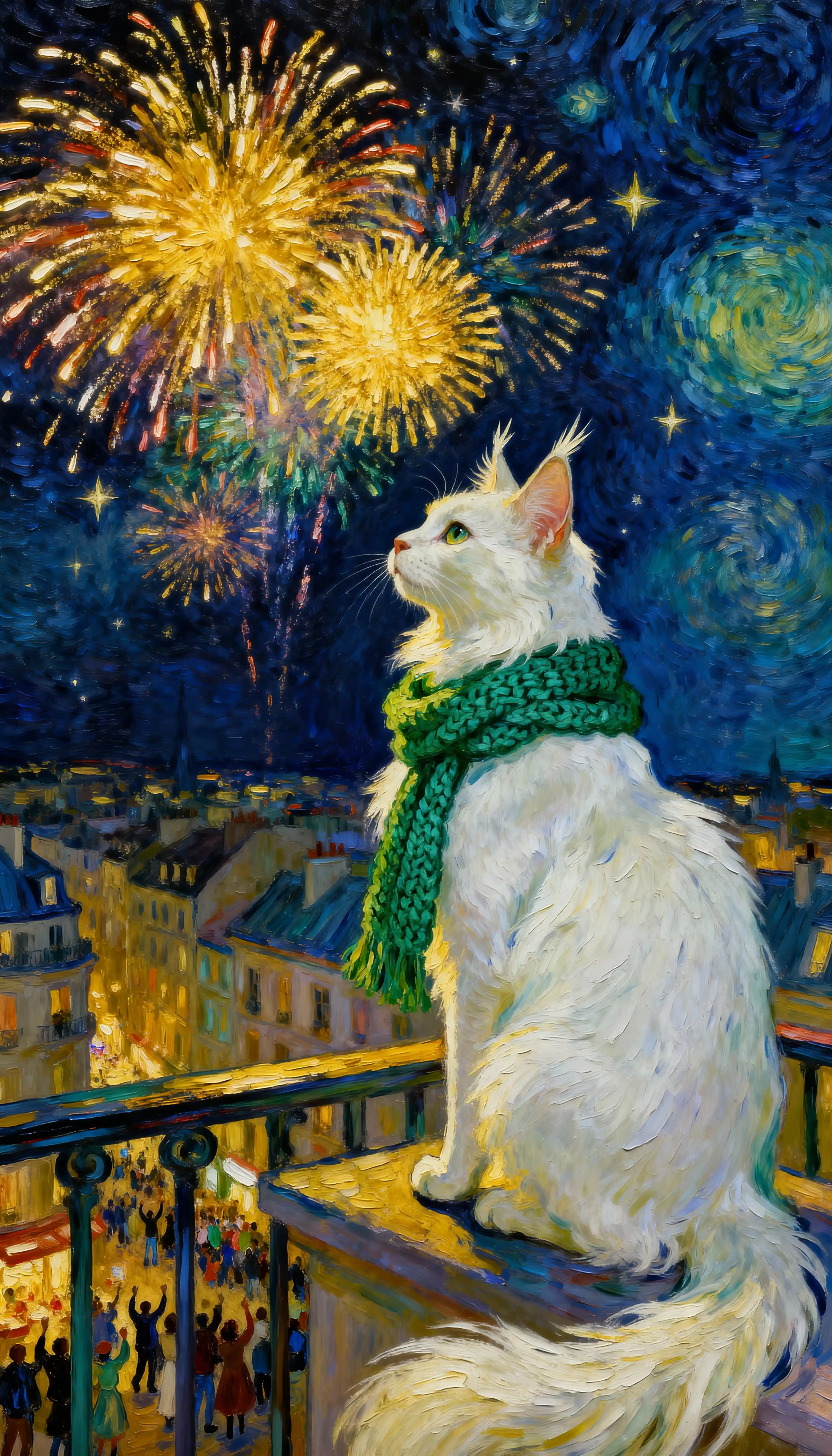Gatto bianco sul balcone cittadino che osserva i fuochi d'artificio notturni