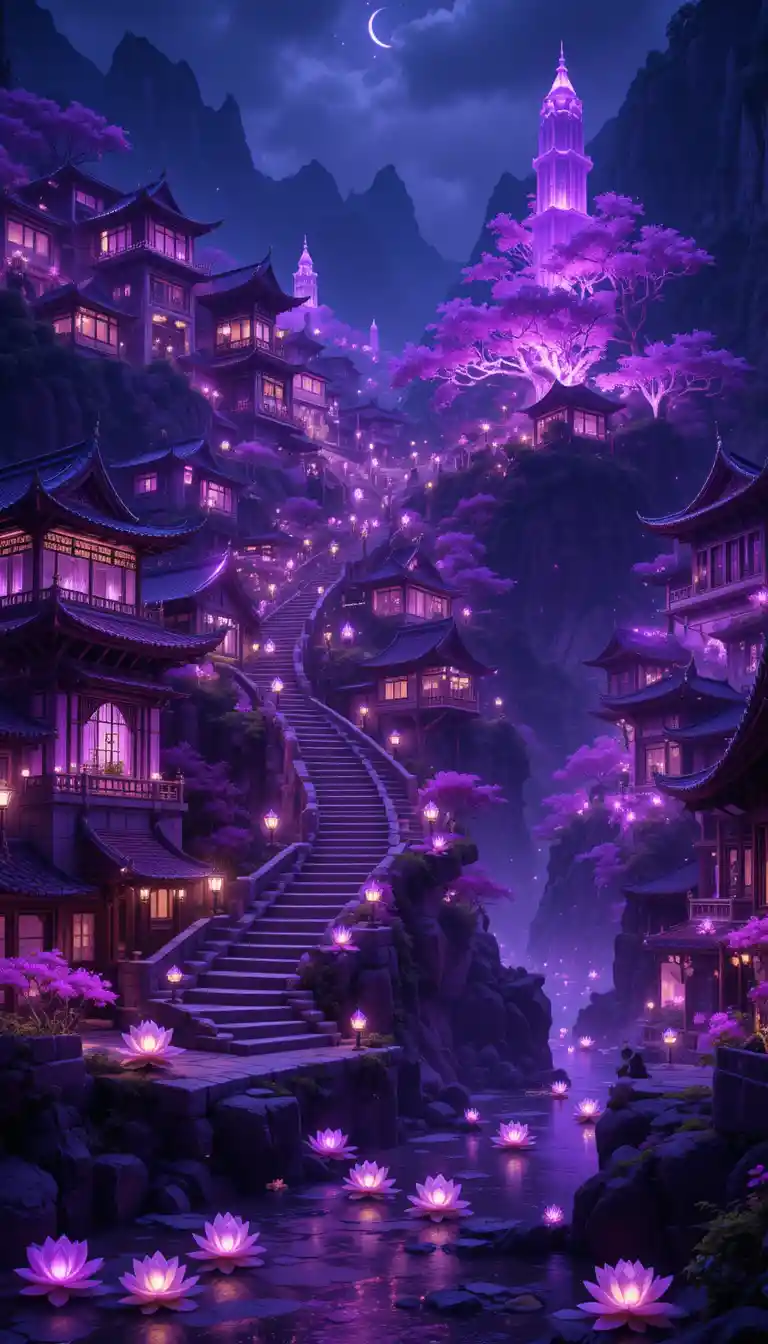 Purple fantasy mountain town with glowing lantern stairway
