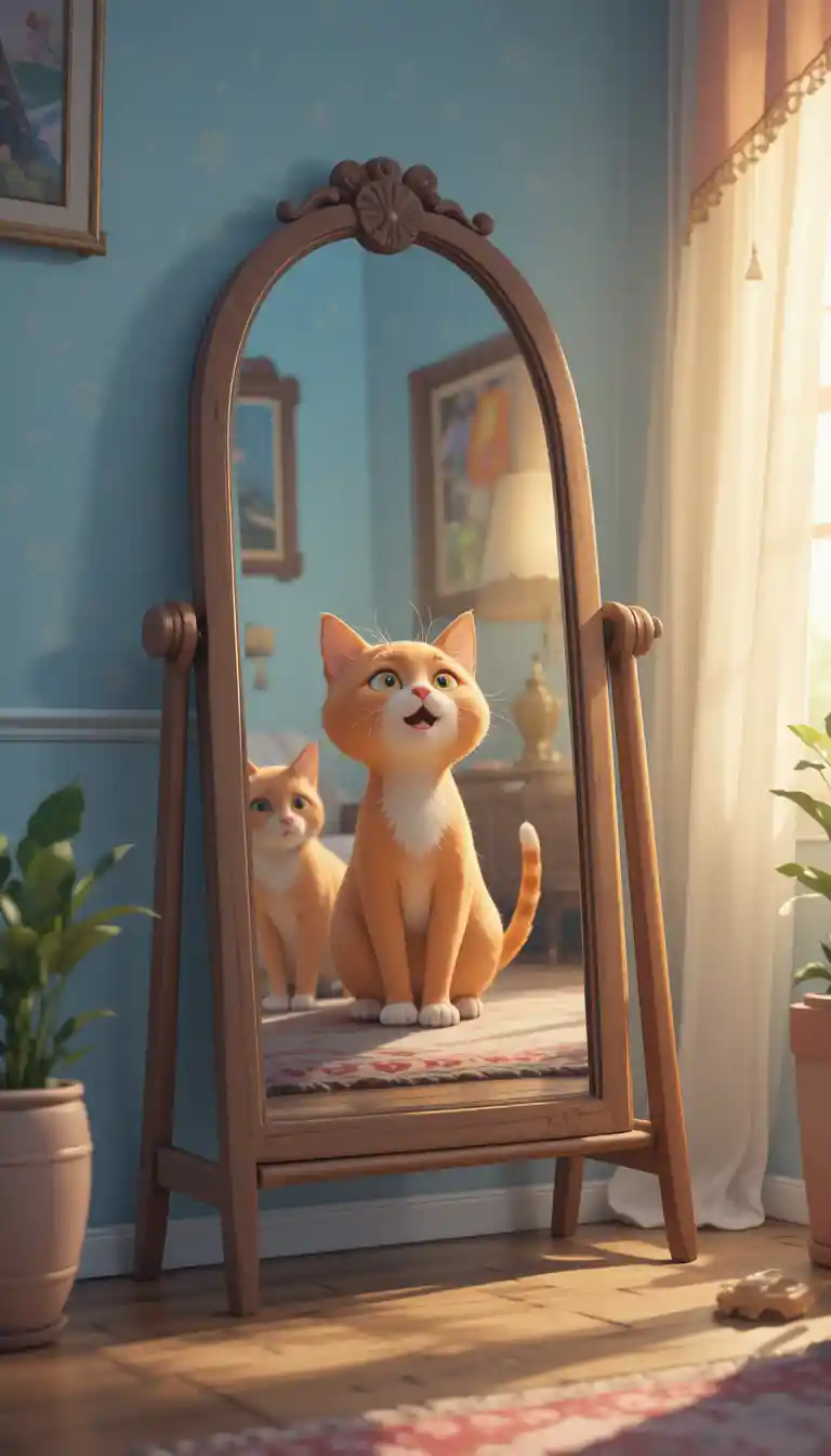 Playful orange cat reflected in a cozy living room mirror