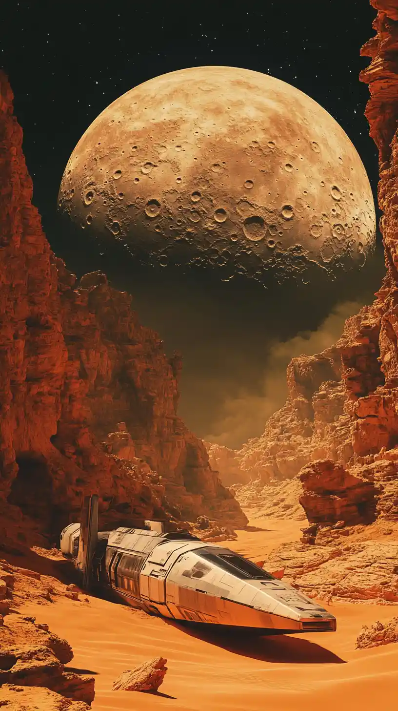 Futuristisches Raumschiffwrack in einer fremden Wüstenschlucht