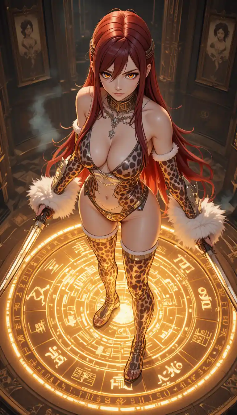 Anime warrior woman on glowing magic circle with katanas
