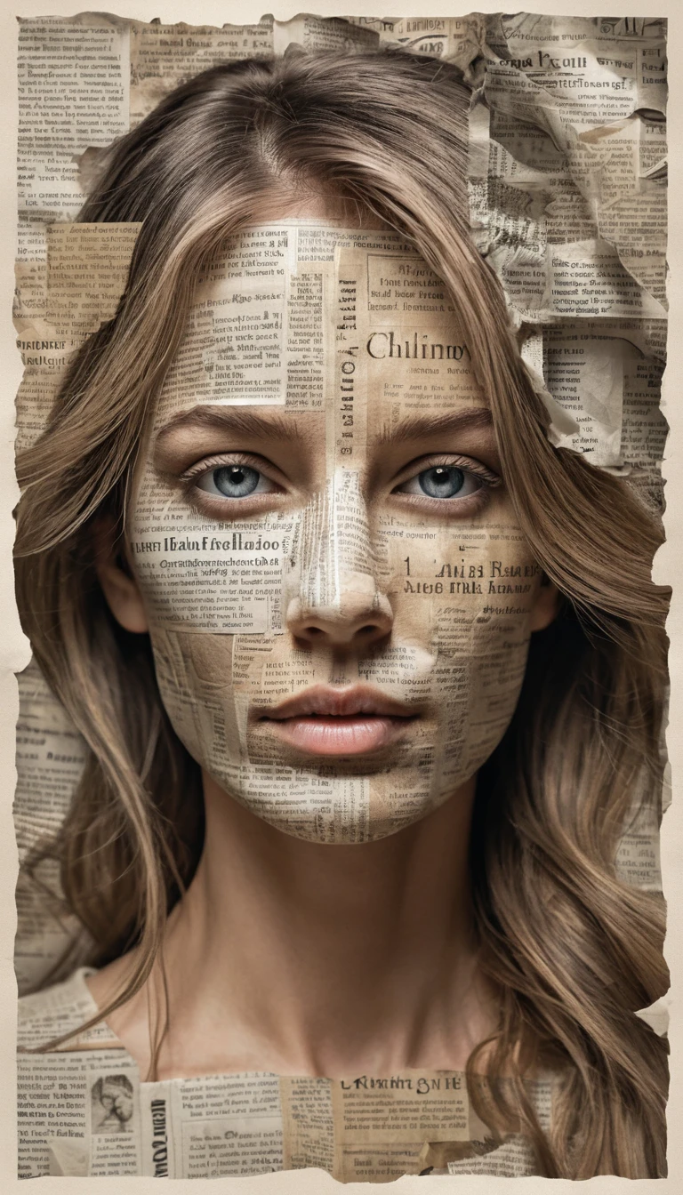 Portrait of a woman made of newspaper and printed text