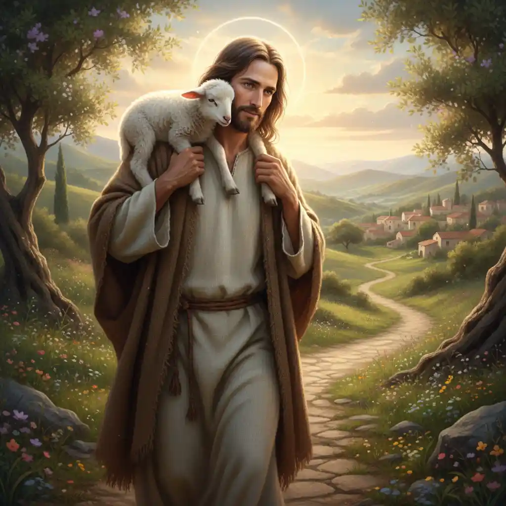 Jesus gently carrying a rescued lamb in soft light