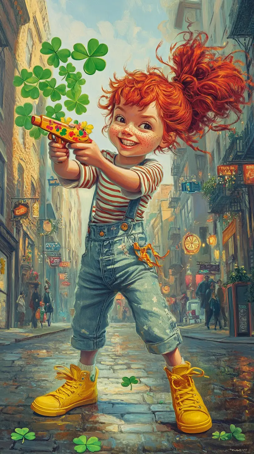 Cheeky freckled girl firing clovers on a city street