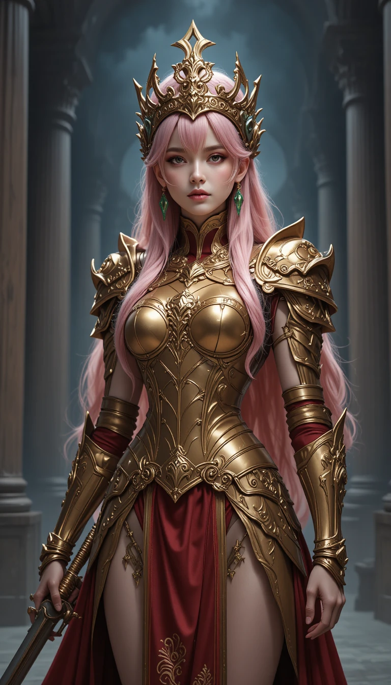 Pink haired warrior queen in golden armor among dark columns