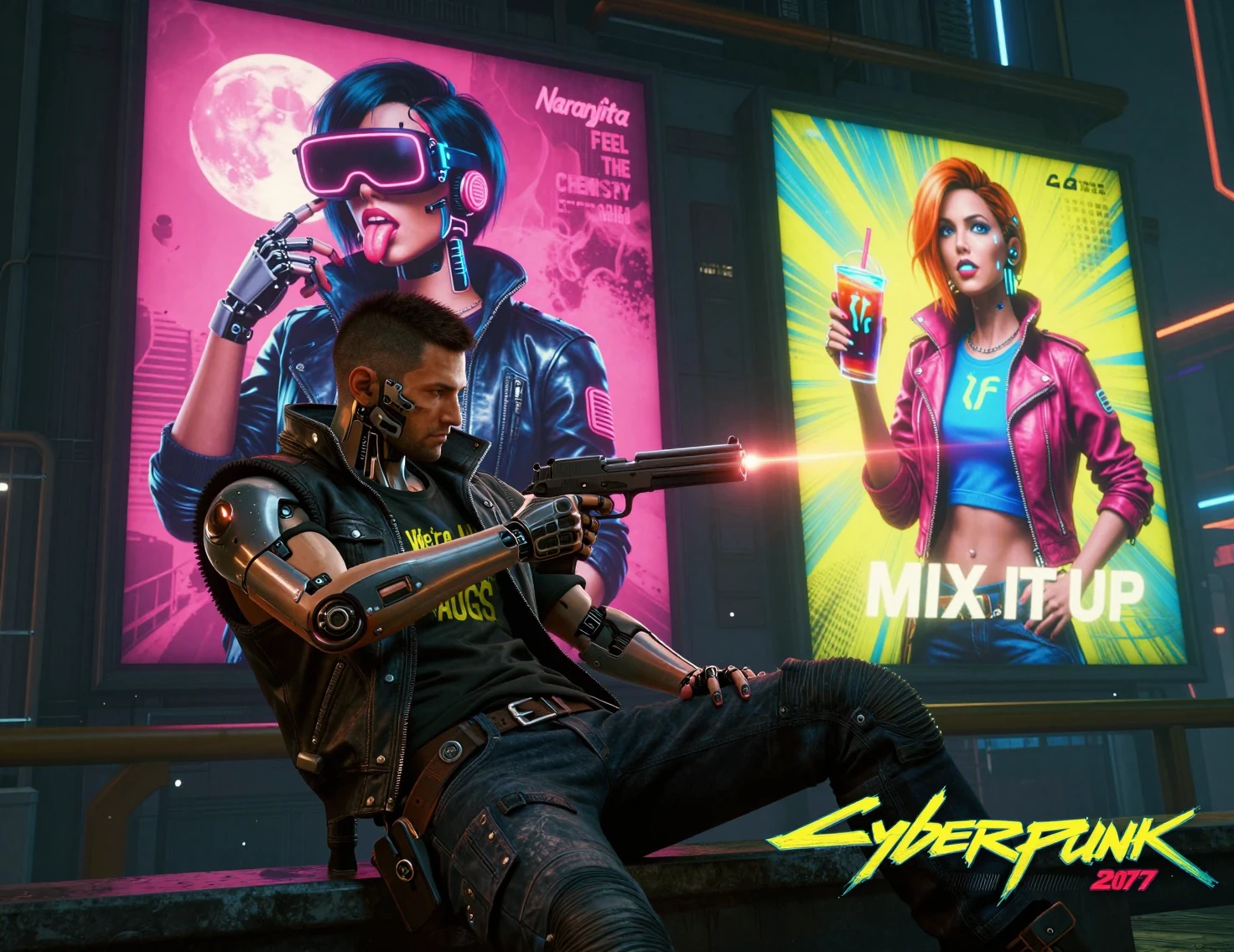 Augmented man aiming energy gun in neon city street