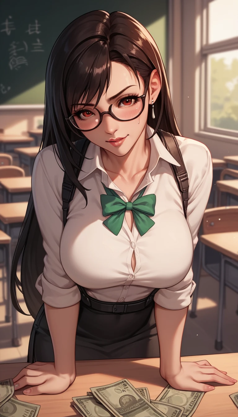 Anime teacher in glasses standing in a school classroom