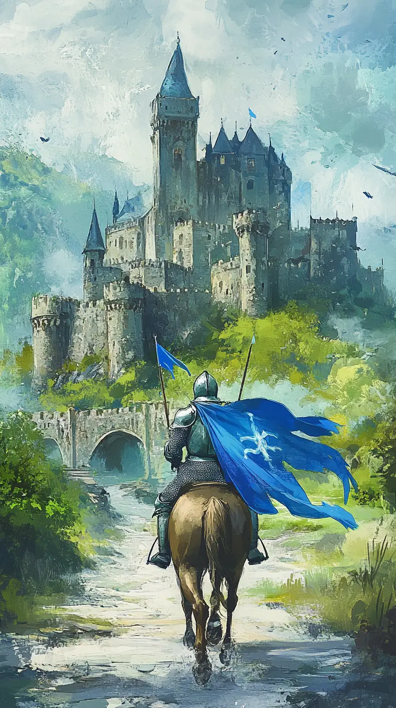 Knight Charging Toward A Medieval Castle In Misty Hills