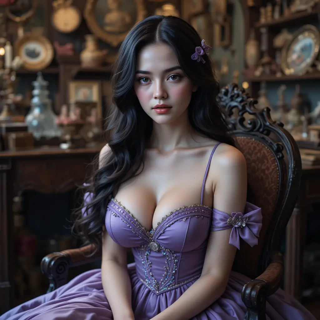 Young woman in satin gown seated in antique store corner