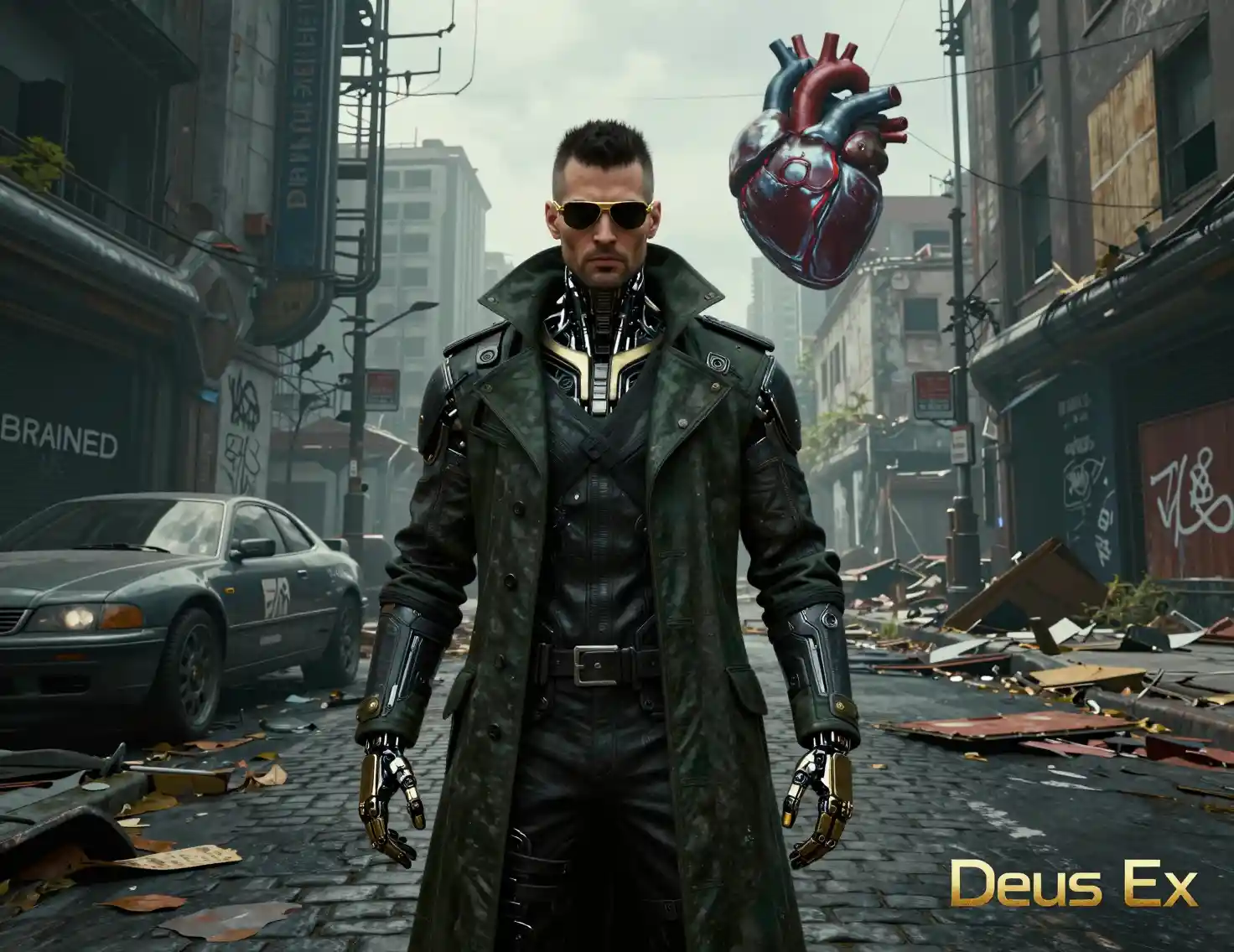 Détective cyberpunk augmenté dans une rue urbaine désolée