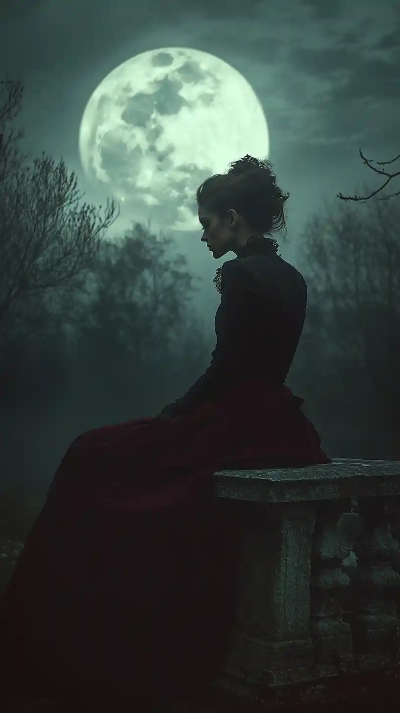 Woman in dark dress on a stone bench under the moon