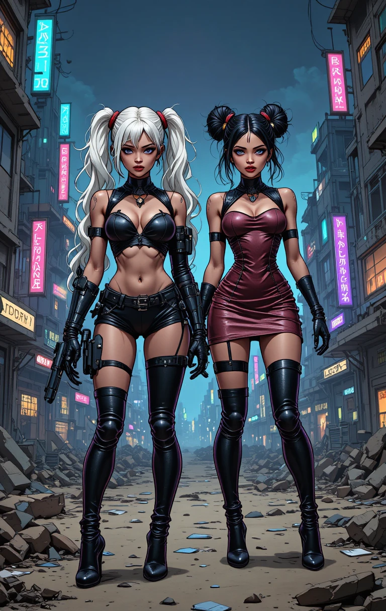 Zwei Cyberpunk-Frauen in einer zerstörten, neonbeleuchteten Ödnis