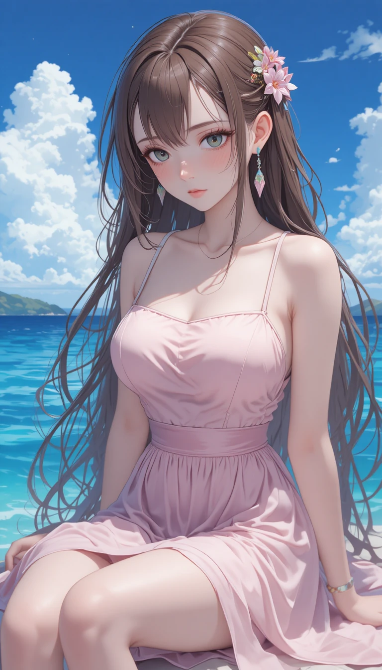 Anime girl in pink dress sitting by calm blue water