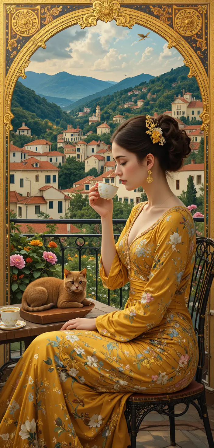 Elegant woman with coffee on a sunlit terrace