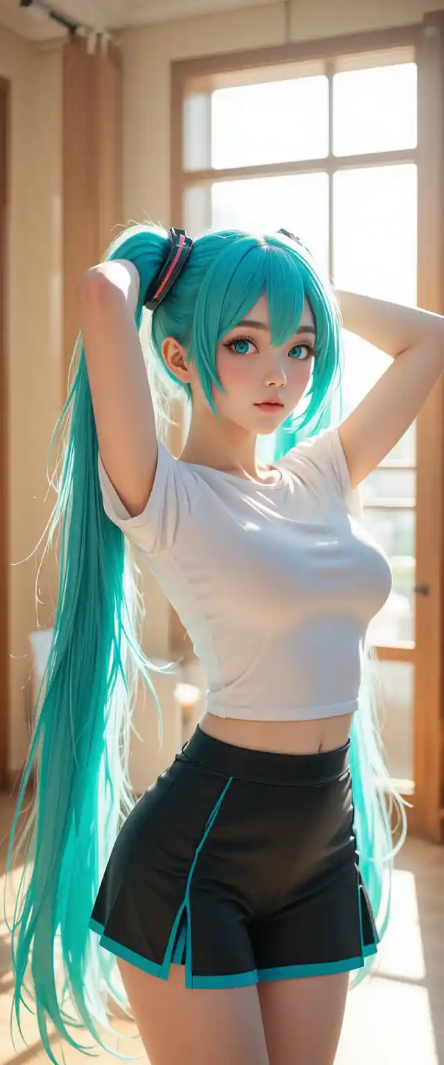 Anime girl posing playfully in a bright sunlit room